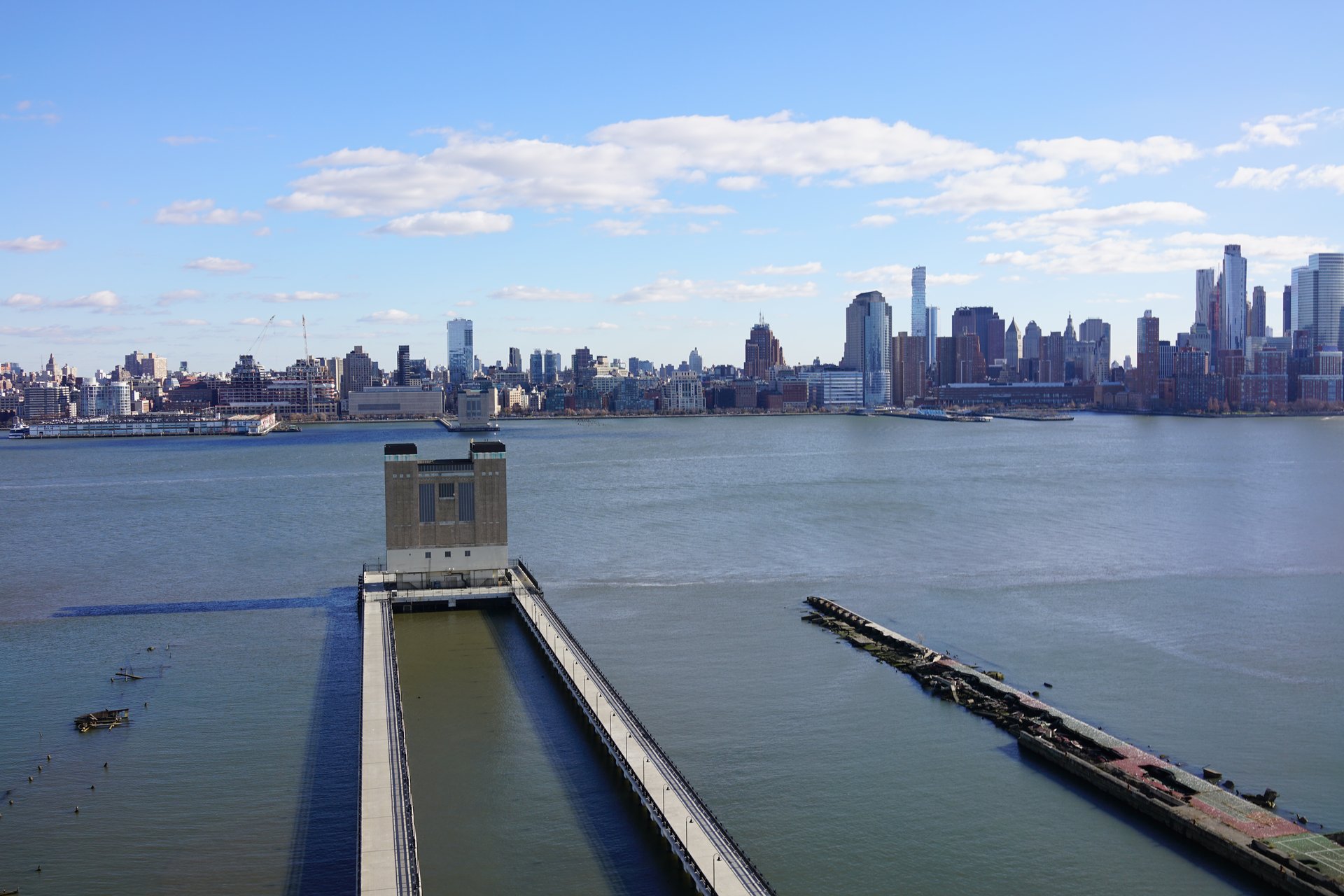 Aerial drone view of the Holland Tunnel ventilation building in Manhattan, NYC